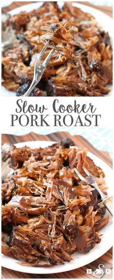 slow cooker pork roast on a white plate with brown sauce and fork in it