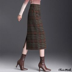 Olivia Mark - High-Waisted Plaid Midi Skirt - Stylish Long Bodycon Skirt Fall Midi Pencil Skirt With Pockets, Winter Relaxed Fit Pencil Skirt, High Waist Skirt With Pockets For Fall, High Waist Lined Pencil Skirt For Fall, High Waist Relaxed Pencil Skirt For Fall, Winter Midi Skirt With Pockets, Non-stretch Lined Pencil Skirt For Fall, High-waist Winter Skirt With Pockets, Casual Relaxed Fit Pencil Skirt For Winter