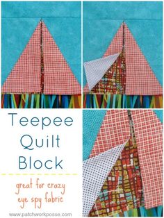 the book cover for teepeee quilt block, with four different pictures of it