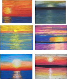 four different sunsets are shown on the same piece of art, each with different colors