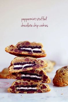 chocolate chip cookies stacked on top of each other with the words peppermint stuffed chocolate chip cookies