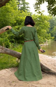 Fitted Long Sleeve Medieval Dress, Fitted Medieval Dress With Long Sleeves, Peasant Dresses For Medieval Festivals, Peasant Dresses For Larp, Regency Style Long Sleeve Medieval Dress For Festivals, Medieval Long Sleeve Prairie Dress, Medieval Long Sleeve Linen Dresses, Medieval Long Sleeve Linen Dress For Larp, Fitted Medieval Dress For Festivals