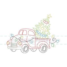 an old truck with a christmas tree on the back is shown in this embroidery design