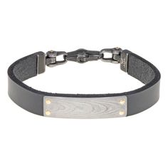 "A Damascus steel inset gives this men's leather bracelet a unique look. BRACELET DETAILS Length: 8 1/2-in. Closure: lobster claw clap Metal: Damascus steel Plating: black ion Finish: polished Packaging: boxed Nickel free Size: 8.5"". Gender: male. Age Group: adult. Material: Stainless Steel." Classic Engraved Leather Bracelets, Classic Leather Bracelets With Engraving, Rectangular Leather Jewelry With Engraving, Rectangular Leather Engraved Jewelry, Minimalist Rectangular Leather Jewelry, Adjustable Engraved Leather Jewelry, Everyday Leather Bracelets With Stainless Steel Clasp, Rugged Leather Bracelets, Black Engraved Leather Bracelet For Everyday