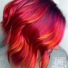 Red And Orange Hair, Ombre Hair Styles, Fire Ombre Hair, Sunset Hair Color, Sunset Hair, Red Ombre Hair, Fire Hair, Peekaboo Hair, Vivid Hair Color