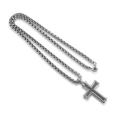 Brand: David Yurman  Gender: Men  Metal Type: 925 Sterling Silver  Length: 26.00 inches  Width: 4.95 mm  Weight: 78.06 Grams  Men's designer made textured & polished silver diamond necklace. The metal was tested and determined to be 925 (STERLING) silver. Engraved with "925". The "David Yurman" trademark (or hallmark) can also be found on the item.  Cross pendant measurements: 41.70mm x 30.10mm  Pre-owned in excellent condition. Might show minor sigs of wear.  Pavé set in 925 (sterling) Silver with:  Twenty-six (26) round brilliant cut natural diamonds:  Measurements: 1.70mm - 1.75mm in diameter x ~1.05mm in depth. Weight Range: 0.020 ct. - 0.021 ct. Estimated Total Weight: 0.550 ct. Color: Black Cut: Very Good Polish: Very Good Symmetry: Very Good  TOTAL WEIGHTS:  Total weight of diamond( Classic Necklace With Silver Chain And Cross Pendant, Silver Cross Chain Necklace With Box Chain, Classic Necklaces With Silver Chain And Cross Pendant, Silver Cross Pendant Necklace For Formal Occasions, Formal Cross Pendant Necklace With Box Chain, Formal Engraved Cross Pendant Necklaces, Luxury Silver Cross Necklace For Formal Occasions, White Gold Cross Necklace With Box Chain, Classic Silver Chain With Cross Pendant