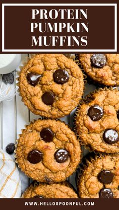 peanut butter chocolate chip muffins stacked on top of each other with text overlay that reads, protein pumpkin muffins