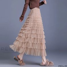 Peilia - Stylish Multi-layered Tulle Cake Skirt - High-waisted with Bold Flared Hemline Cake Skirt, Skirt Elegant, High Waisted Maxi Skirt, Dress Cake, Chiffon Cake, High Waist Dress, Elegant Skirt, Types Of Skirts, A Line Skirt