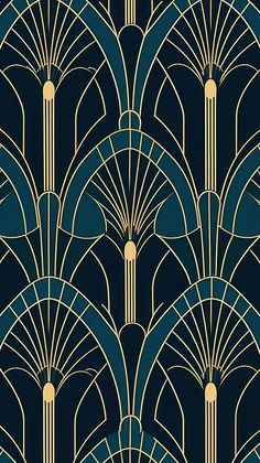 an art deco style wallpaper with gold and blue fan shaped design on the back