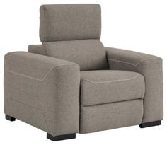 the reclining chair is shown in grey fabric