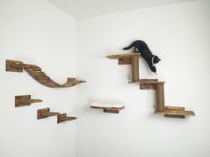 a cat is climbing up the side of a wooden staircase that's made out of wood planks