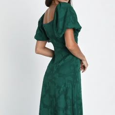 Emerald Green Floral Jacquard Midi Dress Green Midi Dresses, Emerald Green Wedding Guest Outfit, Green Dress For Wedding Guest, Barn Wedding Guest Outfit, Dark Green Dresses, Chartreuse Wedding, Emerald Green Maxi Dress, Cute Green Dress, Green Tulle Dress