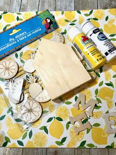 the supplies needed to make this diy lemon themed craft are laid out on a table