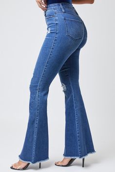 Talk about booty for days! These Women's High Rise Extreme Flare Sustainable Jeans will have you turning heads! Designed with a super high-rise, a zip fly with button closure, classic five pocket construction, a super trendy flared fit with unfinished hem, and belt loops. This pant was made from recycled plastic bottles so it's eco-friendly, creating less landfill waste than your traditional jean. Why choose between sustainability and being fashionable when you can have both, babe? Style with a Trendy Medium Wash Flare Jeans With Button Zip Fly, Trendy Wide Leg Flare Jeans With Zipper Closure, Trendy Medium Wash Flare Jeans With Zipper, Trendy Medium Wash Flare Jeans With Zipper Closure, High-waist Denim Flare Jeans With Zipper, Trendy Mid-rise Flare Jeans With Button Zip Fly, High Waist Denim Flare Jeans With Zipper, High Waist Denim Flare Jeans With Zipper Closure, High Rise Flare Jeans With Zipper Closure