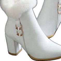 White Ankle-high Winter Heels, White Ankle-high Heels For Winter, White Closed Toe Heels For Winter, White Formal Winter Boots, White Formal Boots For Winter, White Winter Ankle Boot Heels, White Ankle Boot Heels For Winter, White Round Toe Winter Booties, White Pointed Toe Winter Booties