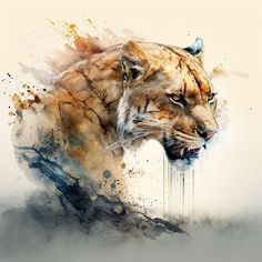 an artistic painting of two lions with watercolor paint splatches on their face