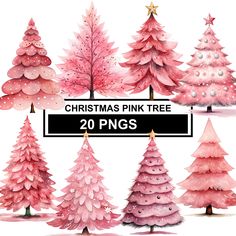 watercolor christmas tree clipart set with 20 pink trees and stars on white background