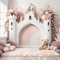 a teddy bear sitting in front of a castle wall mural with flowers on the walls