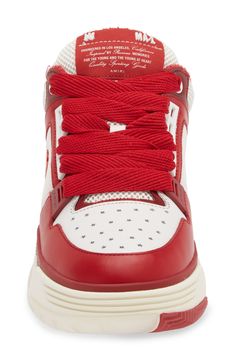 Amplify your skate-inspired aesthetic with this chunky platform sneaker that features a monogram logo and signature brand lettering at the tongue. Lace-up style Leather and textile upper/textile lining/rubber sole Imported Designer Shoes Red High-top Sneakers With Logo-print Tongue, Sporty Platform Sneakers With Logo Print For Streetwear, Sporty Logo Print Platform Sneakers For Streetwear, Red Logo Print Sneakers For Streetwear, Low-top Platform Sneakers With Red Sole For Streetwear, Red Trendy Platform Sneakers For Streetwear, Red High-top Sneakers With Embroidered Logo, Trendy Sneakers With Red Sole For Streetwear, Casual Platform Sneakers With Embroidered Logo For Streetwear