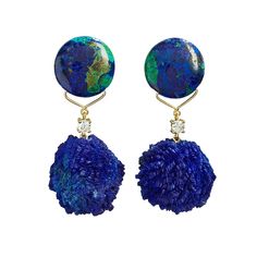 Mauna Loa 18k One of a Kind 2-Tier Gemstone Earrings: Azurite Malachite, Diamond, and Azurite Geode Diamonds illuminate one of a kind, ethically sourced gemstone earrings elegantly handset in 18k gold in New York City. The dynamic combination of colors & striking textures recall the tropical seas and luscious greens surrounding Hawaii's Mauna Loa. Minimalist lightweight statement earrings. Top Gemstone: Azurite Malachite; Bottom Gemstone: Azurite Geode Hand-set in 18k Gold Push-lock backs fo Mauna Loa, Jewellery Marketing, Azurite Malachite, Luxury Earrings, Signature Jewelry, Jewel Box, Enamel Jewelry, Silver Cuff, Luxury Jewelry