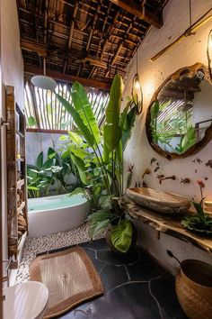 a bathroom with a sink, mirror and bathtub in front of a plant covered wall