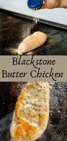 Top Photo: A Blackstone Griddle with a raw chicken breast topped with seasonings.  Bottom Photo:  A fully cooked chicken breast topped with garlic herb butter as it is cooking on a Blackstone Griddle. Blackstone Butter Chicken, Stuff To Make On The Grill, Sides To Make On Blackstone, How To Cook Chicken On Blackstone Grill, Grilled Chicken Recipes Blackstone, Frozen Chicken On Blackstone, Keto Flat Top Grill Recipes, Chicken Tenders Blackstone, Easy Griddle Meals Dinners