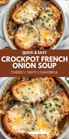 crockpot french onion soup in a white casserole dish with melted cheese and parsley on top