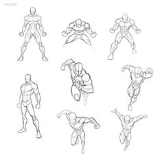 the various poses and body shapes for an animation character, drawn in pencil on paper