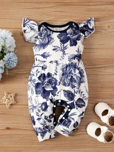 Blue and White  Collar Short Sleeve Knitted Fabric Floral,All Over Print Tee Embellished Slight Stretch Spring/Summer Baby Girls Clothing Blue And White Shorts, Style Spring, Summer Blue, Fabric Floral, Printed Jumpsuit, Vacation Style, Print Tee, Sleeved Romper