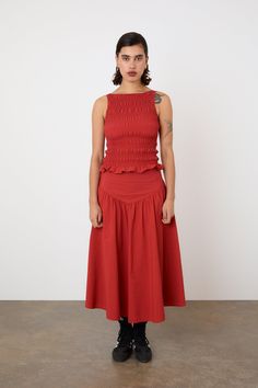 The Deba Midi Skirt - Tomato | Peachy Den Top With Peplum, Peachy Den, Skirt Jumper, Feminine Silhouette, Peplum Hem, Half Circle, British Indian, Circle Skirt, Cardigan Jacket