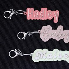 Claw clips to attach your name to all the things! Trendy Personalized White Keychains, Trendy White Personalized Gift Keychain, Trendy White Personalized Keychains, Trendy Custom Name Keychain For Gift, Trendy Custom Name Keychain Gift, Personalized Pink Keychains For Personal Use, Playful Pink Keychains For School, White Custom Name Keychains For Personalized Gift, Personalized White Keychain With Custom Name