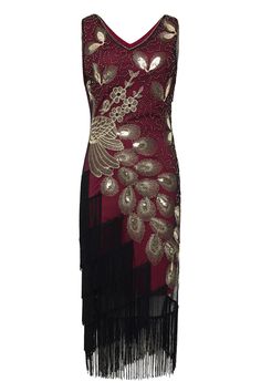 a women's dress with fringes and sequins on the bottom, in burgundy