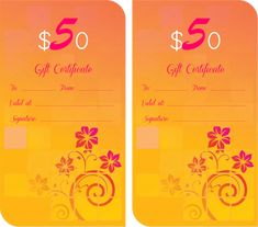 two gift certificates with flowers on them