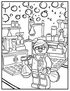 a coloring page with an image of a woman in the lab, surrounded by science equipment