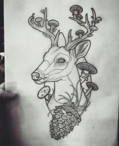 a drawing of a deer with mushrooms and pine cones on it's antlers