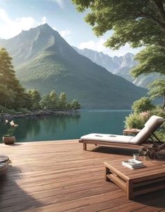 an outdoor deck with chaise lounges and mountains in the backgroung