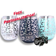 three different types of yeti cups with the words, free personalization and an animal print