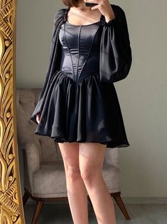 Black Chiffon Tulle Sleeve Dress/ Black Satin Corse Dress | Etsy Short Corset Dress With Sleeves, Curvy Dress Black, Corset Dress Sleeves, Black Corset Dress Long Sleeve, Short Black Dress Plus Size, Fit And Flare Black Dress, Corset Top Dress Short, Short Black Reception Dress, Satin Corset Dress Short