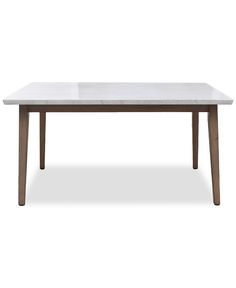 a white marble top dining table with wooden legs and two leaves on each side, against a white background