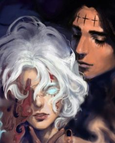 two people with white hair and cross on their foreheads are looking at each other