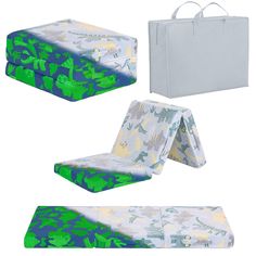 three different types of gift bags with handles and handles, one in blue and the other in green