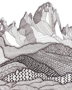 a black and white drawing of mountains with lines on the top, one mountain is in the distance