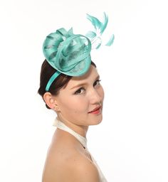 Description: Fabrication: 100% sinamay with feathers Size: One size for teens and ladies Head measurement: One size: (55cm, 21-5/8, 6-7/8 to 59cm, 23-1/4, 7-3/8) Fitted Summer Fascinator With Feather Trim, Fitted Feathered Summer Costume Hats, Summer Church Fascinator With Feathers, Summer Church Headpiece With Feathers, Elegant Turquoise Fascinator For Races, Summer Church Headpieces With Feathers, Elegant Turquoise Fascinator For Wedding, Spring Turquoise Headpiece For Parties, Light Blue Mini Hats For Summer Party