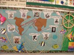 a bulletin board with many different pictures and words on it, including the world map