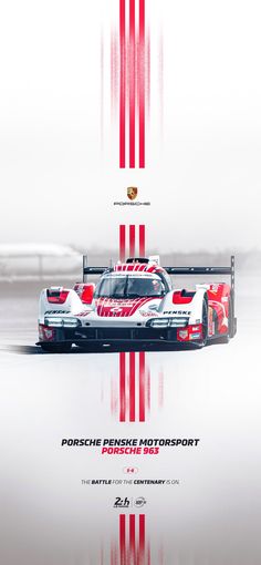 the poster for porsche's race car is shown in red, white and blue