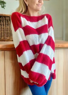 🌟 Embrace modern classic with our Red White Striped Sweater! 🌟Sweaters for Women Trendy  Wrap yourself in warmth and style with this exquisitely hand knit sweater, lovingly made by skilled artisans. Crafted from the finest mohair yarn, this piece combines luxurious softness with timeless design. 🎨 Chic Design: Featuring classic red and white stripes, this sweater adds a pop of color to any ensemble. The bold yet versatile design effortlessly transitions from casual outings to cozy nights. 🧶 Red And Pink Striped Sweater, Red And White Striped Sweater, Hand Knitted Red Long Sleeve Sweater, Red Hand Knitted Long Sleeve Sweater, Red Knitted Sweater For Fall, Red Casual Hand-knitted Knitting Pattern, Casual Red Knitted Sweater, Red Casual Sweater, Casual Hand Knitted Red Sweater