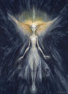 a painting of a woman with wings in the air and light coming from her body