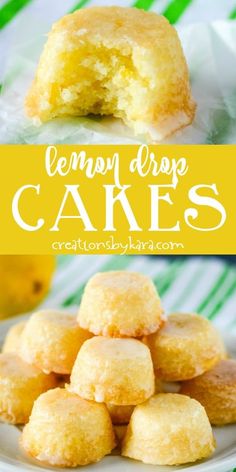 lemon drop cakes on a plate with the title above it