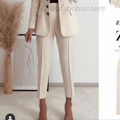 73.00% Viscose 23.00% Polyamide 4.00% Elastane Cuff: 100.00% Cotton Inseam Around 26.3 In White Workwear Sets With Pockets, Workwear Sets With Pockets, Chic High Waist Workwear Set, Chic High-waist Workwear Sets, Spring Office Suits With Straight Leg, High Waist Workwear Sets With Pockets, Elegant Cream Bottoms For Workwear, Elegant Cream Bottoms For Work, High Waist Sets With Pockets For Work