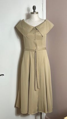 "Vintage C'est Toi Cinderella Dress Tan Color size M belted Vintage runs small so although dress has size M listing as S Chest 17\" Waist 27\" Length 46\" Front button closure Vintage Excellent vintage condition Half skater No label for material Like soft trench coat No lining  Price firm" Solid Color Fitted Belted Dress, Fitted Midi Length Dress With Belt, Fitted Summer Midi Dress With Belt, Fitted Midi Dress With Belt For Summer, Fitted Midi Dress With Belt, Fitted Knee-length Dress With Belt, Fitted Midi Length Belted Dress, Fitted Beige Belted Summer Dress, Fitted Beige Belted Dress For Summer